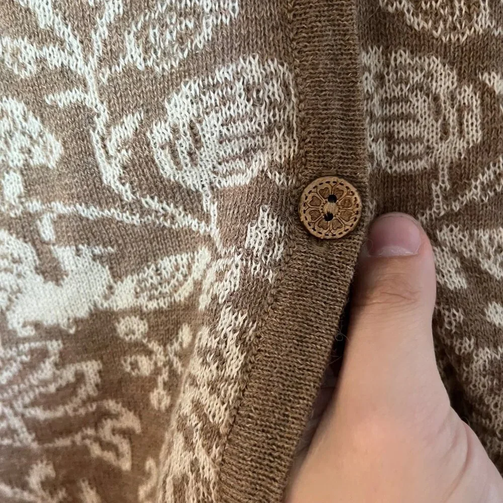 Novica 100% Baby Alpaca Wool Brown Cardigan Long Line Floral Button Size Small - Picture 3 of 8